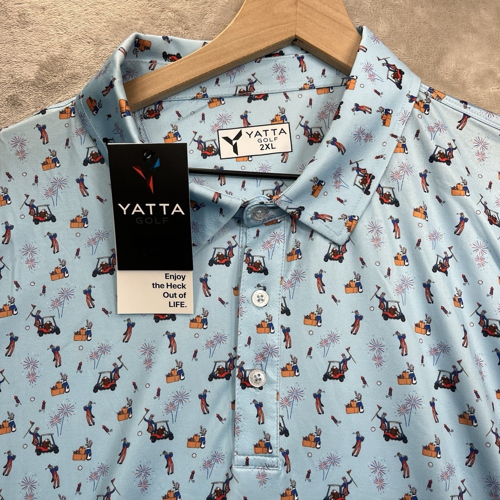 YATTA GOLF Polo Shirt Men's 2XL UNCLE SAM GOLFER 4th of July FIREWORKS EAGLE NEW